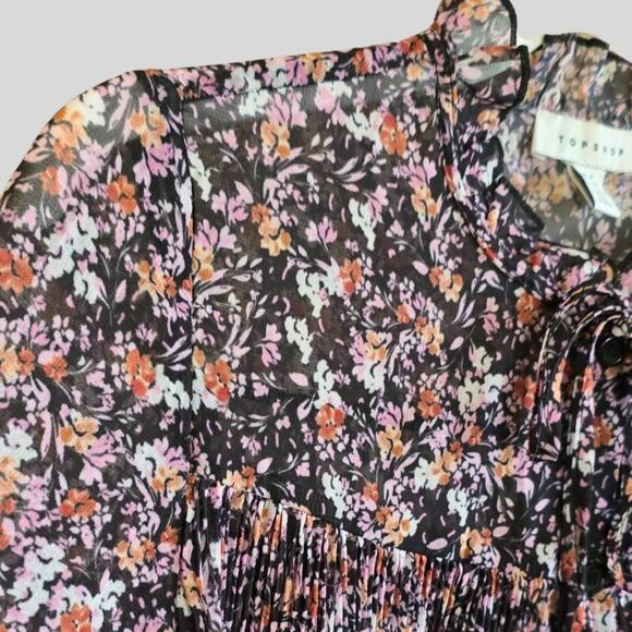 Topshop Blouse Women's Size 2 Black Floral Sheer Pleated Boho Long Sleeve Button - Picture 11 of 12